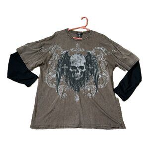 Social Collision Long Sleeved Layered T Shirt Skull Angel Cross M